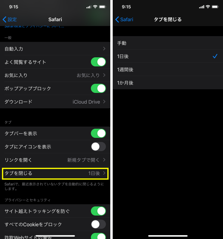 iPhoneのSafariのタブを自動で閉じる方法２