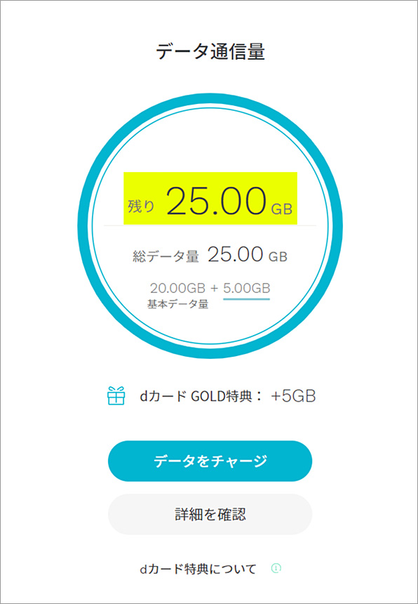 「dカードボーナスパケット特典」によりデータ容量が追加された場合のデータ量確認画面イメージ画像