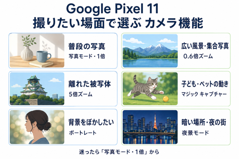 Google Pixel 11のカメラ機能を撮影場面別に紹介。普段は1倍、風景は0.6倍、遠くは5倍、動きはマジック キャプチャー、背景ぼかしはポートレート、暗所は夜景モード。
