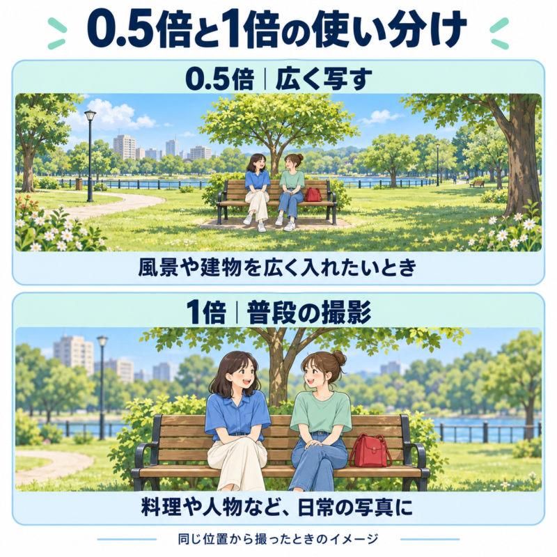 0.5倍と1倍で写る範囲の違い